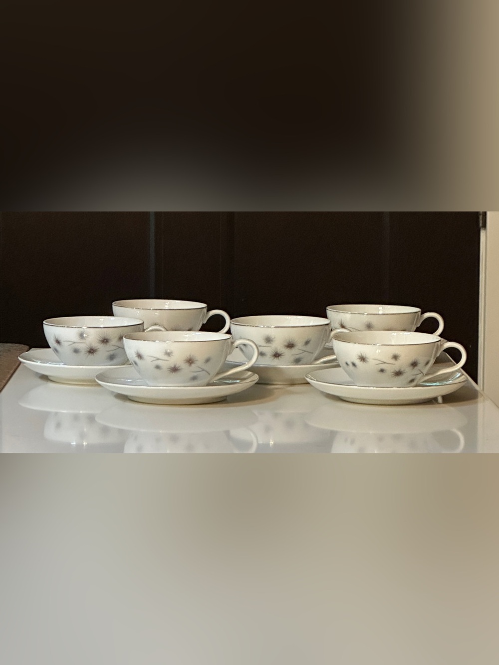 MCM Creative Fine China Platinum Star Burst Pattern 1014 Japan Teacup Saucer Set